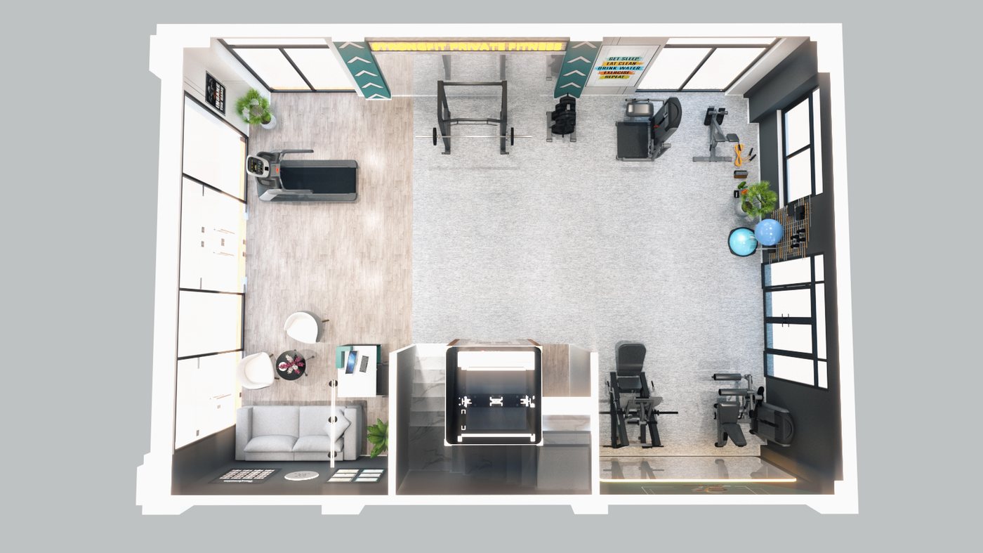 Bố trí phòng gym dưới 100m² — dồn máy sát tường, chừa lõi giữa làm khu functional.