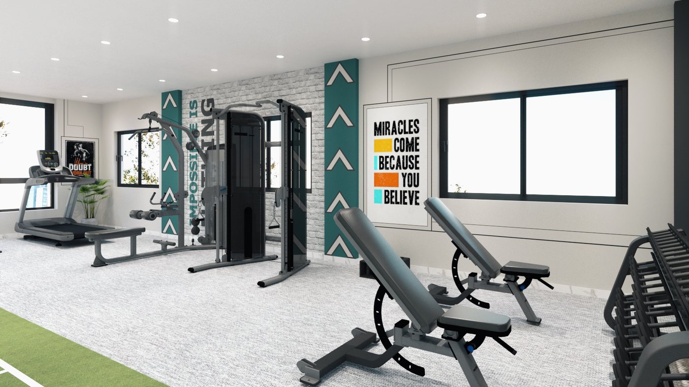 Khu free weight với rack, ghế điều chỉnh và giá để tạ — khu giữ chân tệp khách tập nghiêm túc.