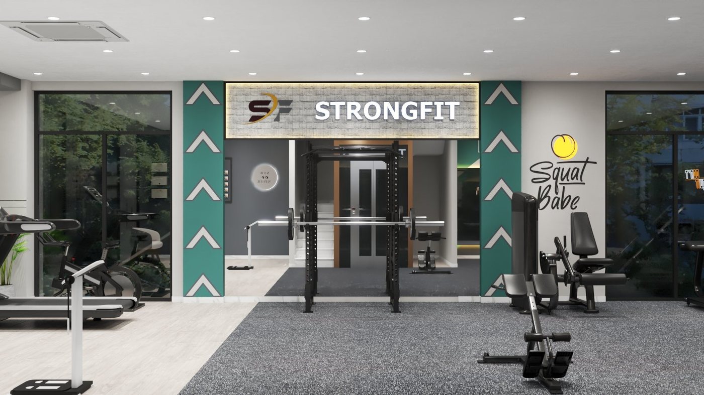 Khu strength trong bản thiết kế một phòng gym thương mại do đội StrongFit thực hiện.