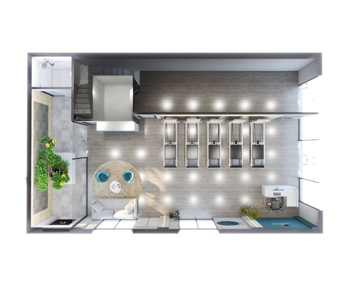 Khu lễ tân dùng nhiệt màu ấm 3000K — tạo cảm giác đón tiếp, khác hẳn ánh trắng lạnh của đèn tuýp.